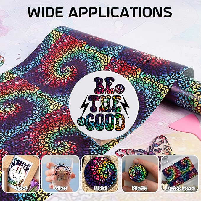 Leopard Tie Dye Permanent Vinyl Roll - 12" x 8ft, Multicolor, Leopard Pattern, Permanent Adhesive, Vinyl, 1 Count, Both Indoor & Outdoor, Rectangular, for Scrapbook, Bohemian Style