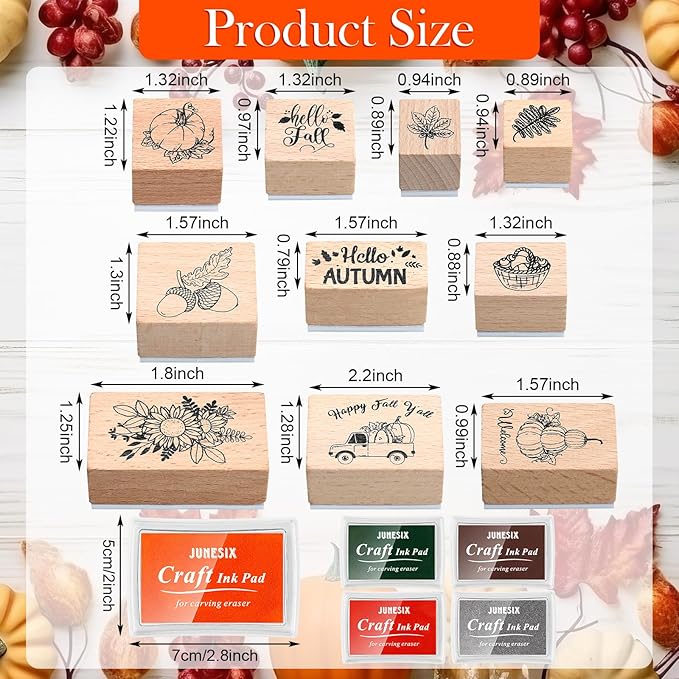 Woanger 15 Pcs Fall Wooden Rubber Stamps and Craft Ink Pads Wooden Rubber Stamp for Scrapbooking and DIY Craft Card Stamps Pads Paper Wood Fabric Fall Holiday