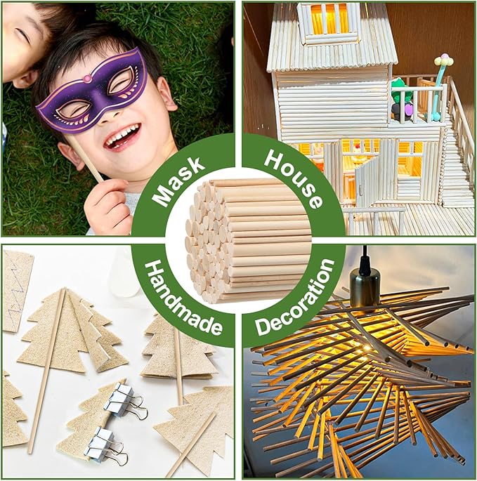 100 Pieces Wooden Dowel Rods Assorted Sizes Wooden Dowels 1/8, 3/16, 1/4, 5/16, 3/8 x 6 Inch Wood Craft Dowel Rods for Crafts and DIY