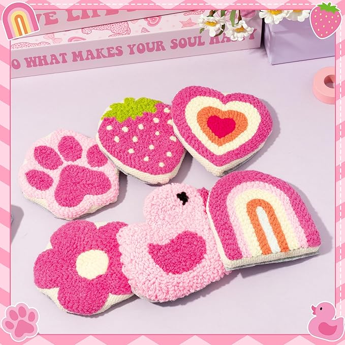 WATINC Christmas Punch Needle Coaster Kits - 23Pcs Easy Art Work Decor Craft Supply for Beginners, DIY Set of 6 Pattern Tufted Pads with Adhesive Felt Yarns Tools Instruction Customized Boxes (Pink)