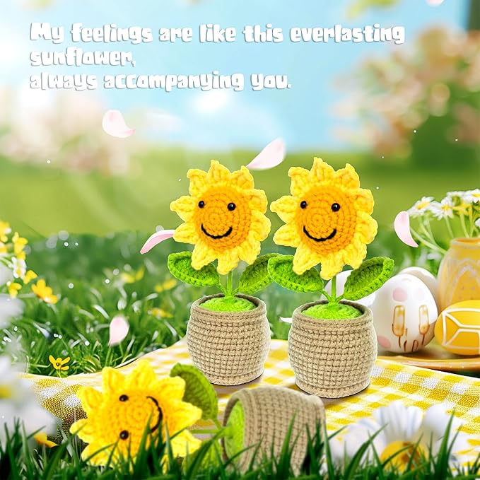 positive crochet sunflowers, crochet flowers, sunflower crochet, suitable for room office desktop decoration, emotional support sunflower, gifts for adults and kids, cute and funny crochet sunflowers