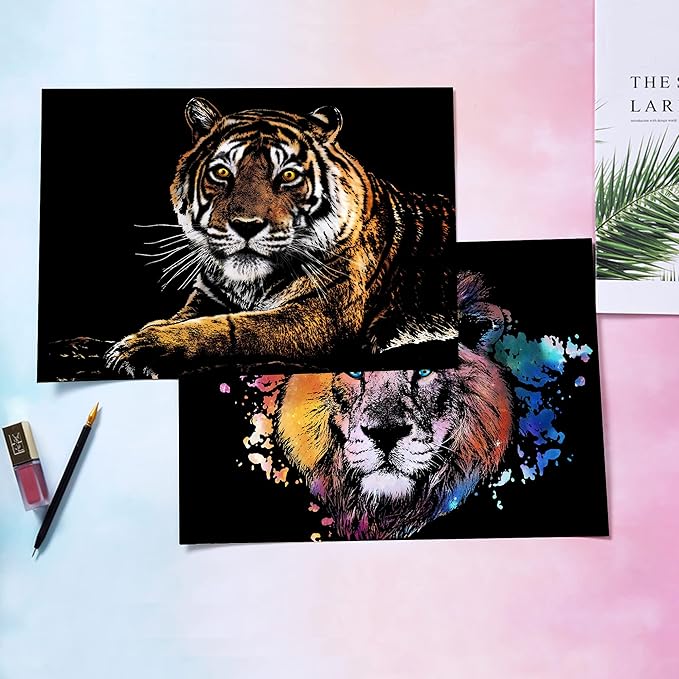 DESINIK Scratch Painting Art for Adults & Teens - 2 Sheets Rainbow Scratch Painting Kit, Scratch Painting Foil Art for Adults, Stress Relief Adult Craft Kits A3(Tiger & Lion)