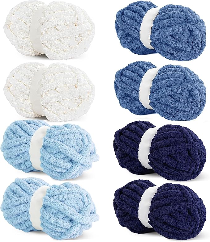 HOMBYS 8 Pack Assorted Chunky Yarn for Crocheting,Super Bulky Large Soft Fluffy Yarn,Plush Fuzzy Yarn,Thick Chenille Yarn for Hand Knitting/Arm Knitting,Cream&Blue (27yds,8 oz Each Skein)
