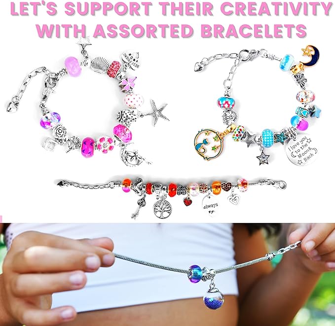 MODDA Charm Bracelet Making Kit - DIY Beaded Jewelry Making Kit, Gifts for Girls Ages 5-12, with Cute Cat Design Shoulder Bag