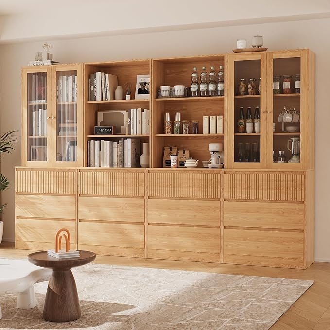 TUSY 71'' Freestanding Tall Storage Cabinet, 5 Tier Wood Bookcase with 3 Drawers and 2 Tempered Glass Doors (DBBD)