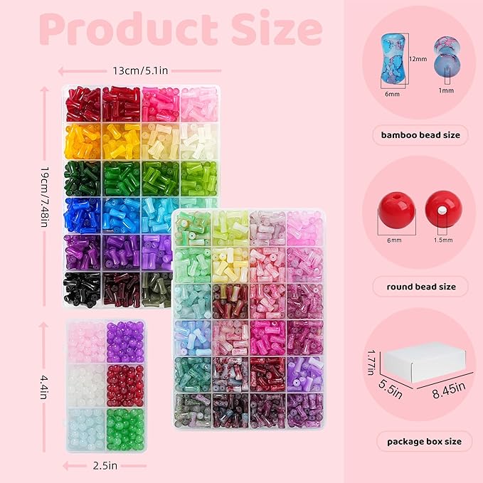 54 Colors 1500pcs Bamboo Glass Beads for Jewelry Making,6 * 12mm Glass Beads Bracelets Making Kit, 2 Types Natural Bamboo Crystal Beads for DIY Bracelet Necklace Crafts,Gifts for Girls Aged 6-15