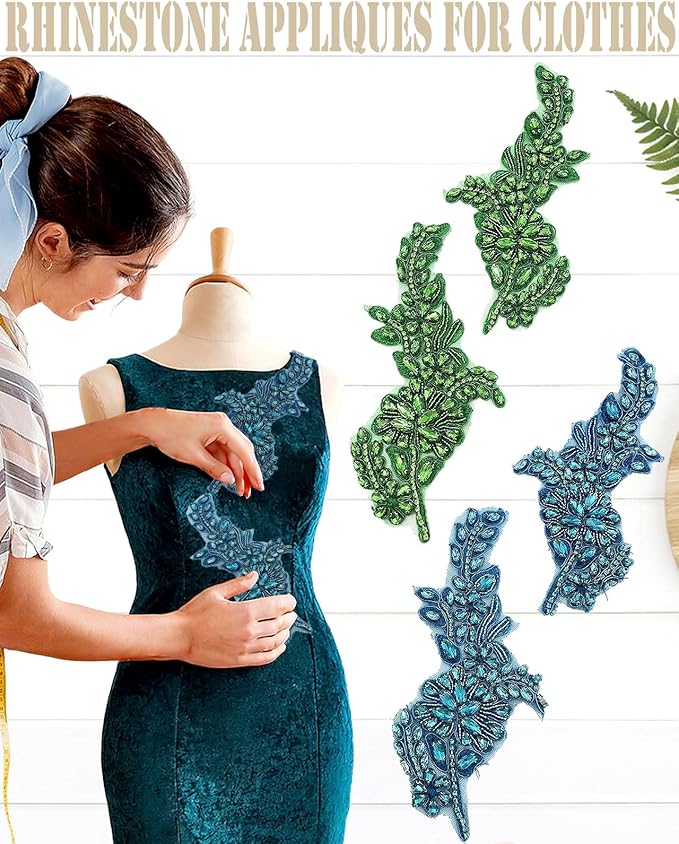 1 Pair Handmade Flower Rhinestone Applique for Clothes, Crystal Fabric Patches for Wedding Dress, Bling Beaded Embroidery Lace Applique for Hat Hairband Sewing Embellishment (Dark Green)