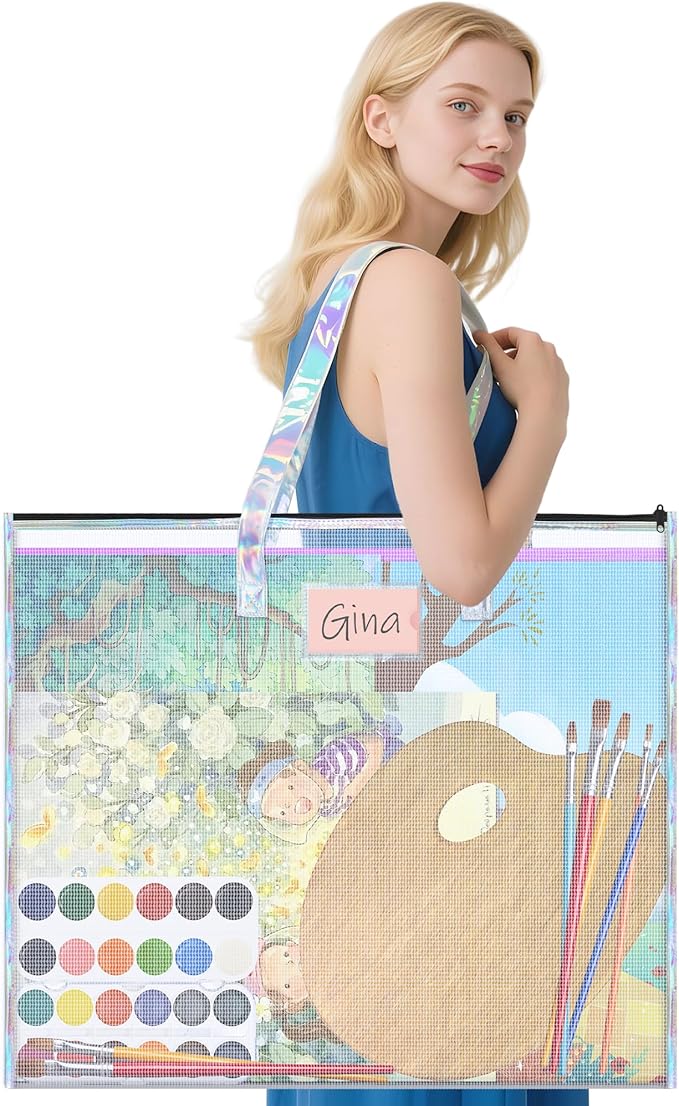 Art Portfolio Case 19x25 Portfolio Folder for Artwork Poster Storage Bag with Zipper & Handle & Clear Label Sleeve Waterproof File Folder Organizer for Bulletin Board/Cross Stitch/Travel/Office