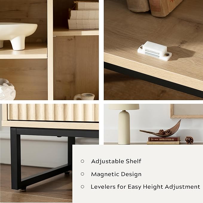 Fluted Storage Cabinet with 3 Doors, Sideboard Buffet Cabinets with Adjustable Shelves, Multifunctional Console Table with Storage Credenza for Living Room, Hallway, Light Oak