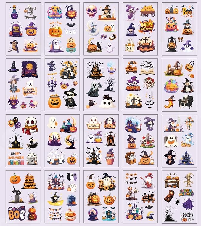 Transparent Halloween Scrapbook Stickers Book, 20 Sheets Diecut PET Stickers for Journaling, Purple Vintage Spooky Theme for Scrapbooking, Junk Journal Supplies, Planner, Bujo, Crafts Arts