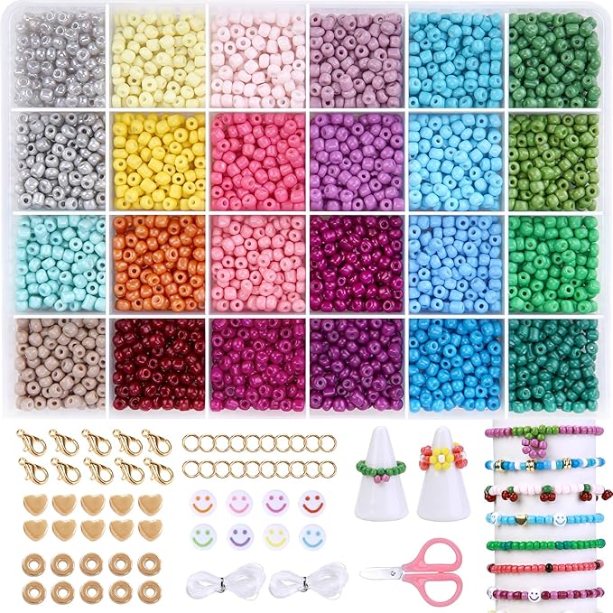 efivs arts 3500PCS 6/0 Glass Seed Beads, 24 Colors Small Beads Kit Bracelet Waist Beads Kit with Pendant Charms for DIY Crafts Necklace Ring Making