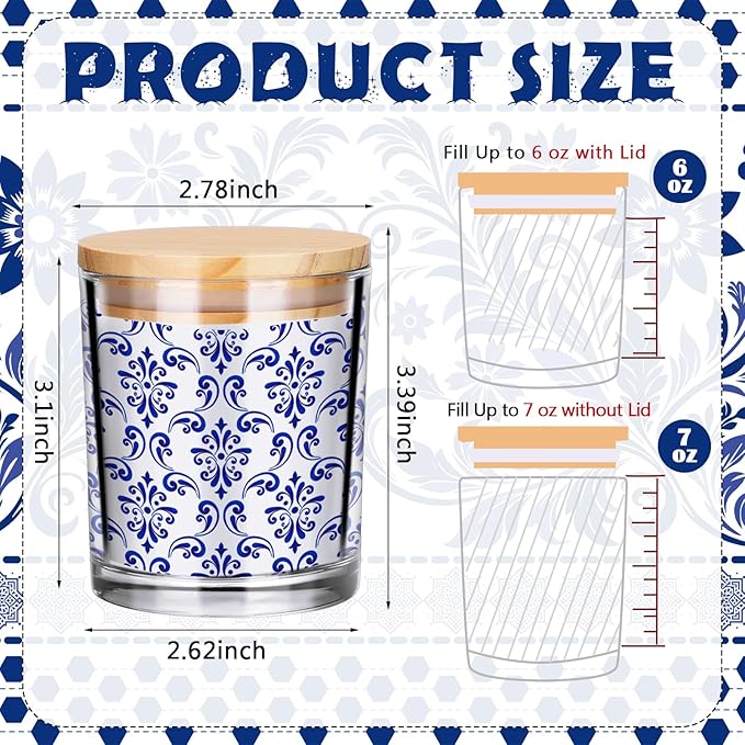 Ziliny 10 Pcs Christmas Blue and White Porcelain Glass Candle Jars Empty Containers Bulk 7 oz Ceramics Glass Jars with Cork Lids Tins for Candle Making Storing Biscuits Tea Party Favors