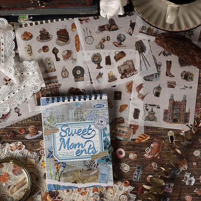 WCCH Vintage Scrapbook Sticker Supplies, 25 Sheets PET and 25 Sheets Washi Stickers, Over 800 Self-Adhesive Pre-Cut Stickers for Junk Journal, Bujo, Collage, Adult Crafts Arts, Letters DIY