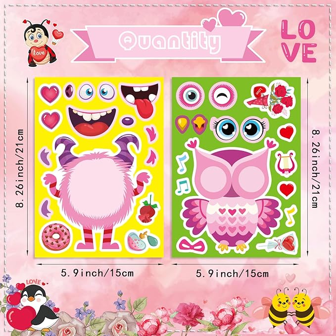 Valentine Stickers for Kids Toddlers, 36 Sheets Valentines Day Make a Face Stickers, Make Your Own Animal with Heart Mix Stickers for Kids Valentines Day Activities Party Favors
