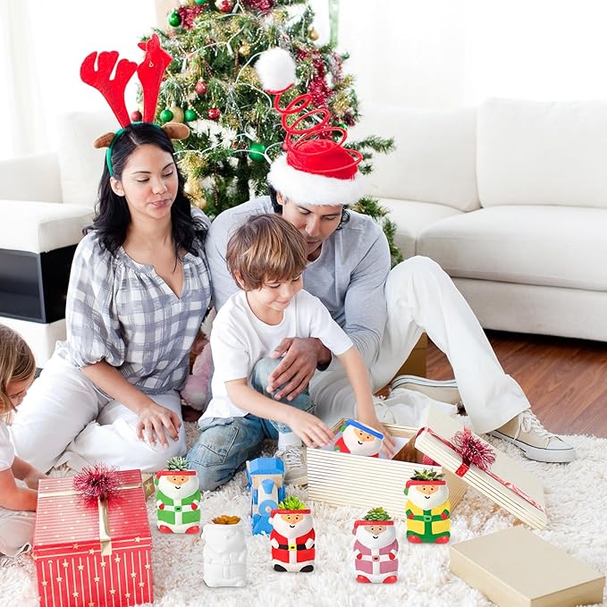 Pasimy 6 Set DIY Ceramic Succulent Planter Pots Paint Your Own Flower Pots Craft Kit Unpainted Bisque Paintable Flowerpot with Brush Palette Ready to Paint for Family Activity Gift(Santa)