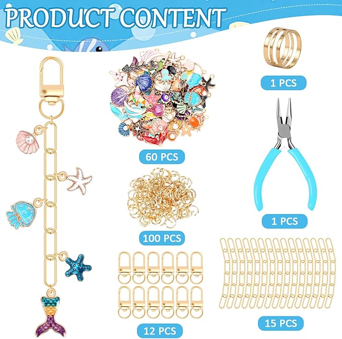 AUGSUN 189Pcs Ocean Themed Keychain Making Kit, Charm Jewelry Chain Making Crafts Including 60 Summer Beach Charms 12 Keychain Clips Hooks 15 Extender Chains 100 Jump Ring and Jewelry Plier