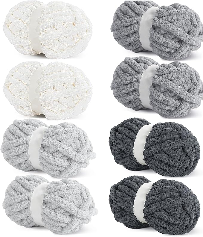 HOMBYS 8 Pack Assorted Chunky Yarn for Crocheting,Super Bulky Large Soft Fluffy Yarn,Plush Fuzzy Yarn,Thick Chenille Yarn for Hand Knitting/Arm Knitting,Cream & Grey(27yds,8 oz Each Skein)