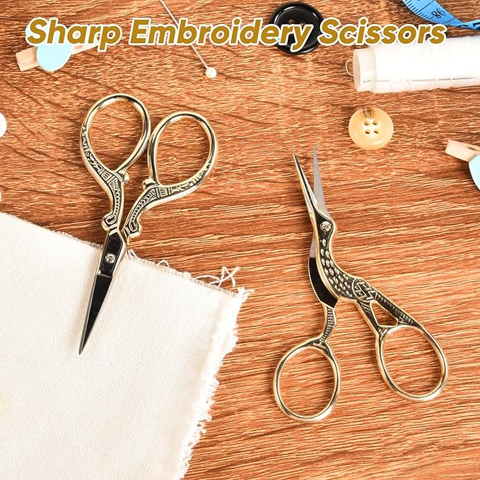 AQUEENLY Embroidery Scissors, Stainless Steel Sharp Stork Scissors for Sewing Crafting, Art Work, Threading, Needlework - DIY Tools Dressmaker Small Shears - 2 Pcs (3.6 Inches, Gold)