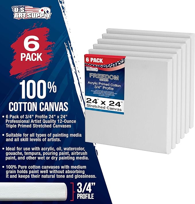 U.S. Art Supply 24 x 24 inch Stretched Canvas 12-Ounce Triple Primed, 6-Pack - Professional Artist Quality White Blank 3/4" Profile, 100% Cotton, Heavy-Weight Gesso - Acrylic Pouring, Oil Painting