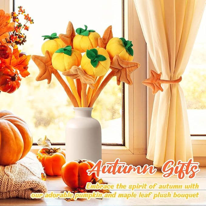 10 Pcs Plush Pumpkin Maple Stuffed Bendable Stems Plush Bouquet Toy Soft Flower 12.6 Inch for Thanksgiving 2025 Fall Autumn Girl Girlfriend Wife(Fall Style)