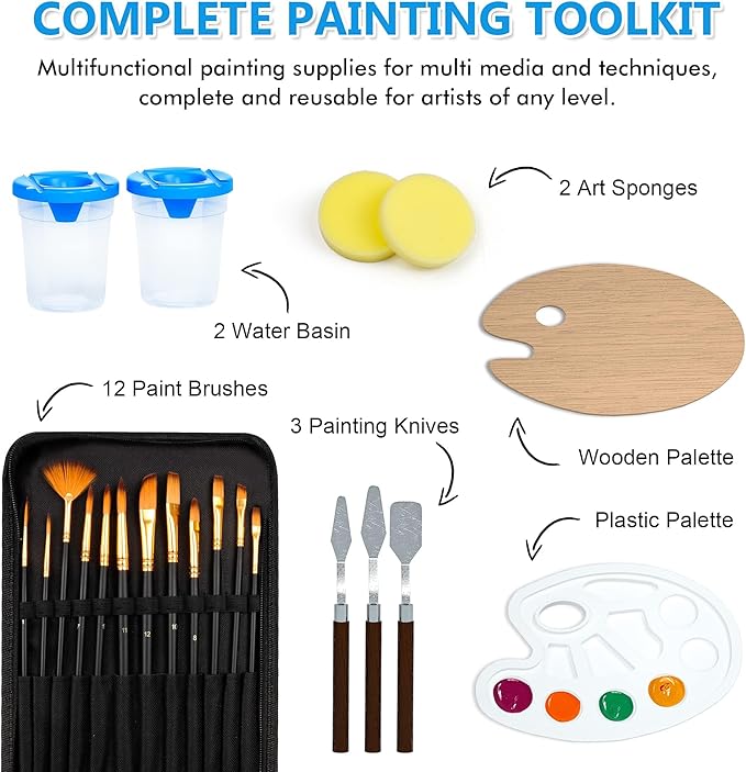 50 Pack Canvas Painting Kit, Shuttle Art Painting Supplies with 28 Multi Sizes Canvas Boards for Painting and 22 Tools including Paint Brushes, Palette, Painting Knives for Acrylic, Oil, Gouache Paint