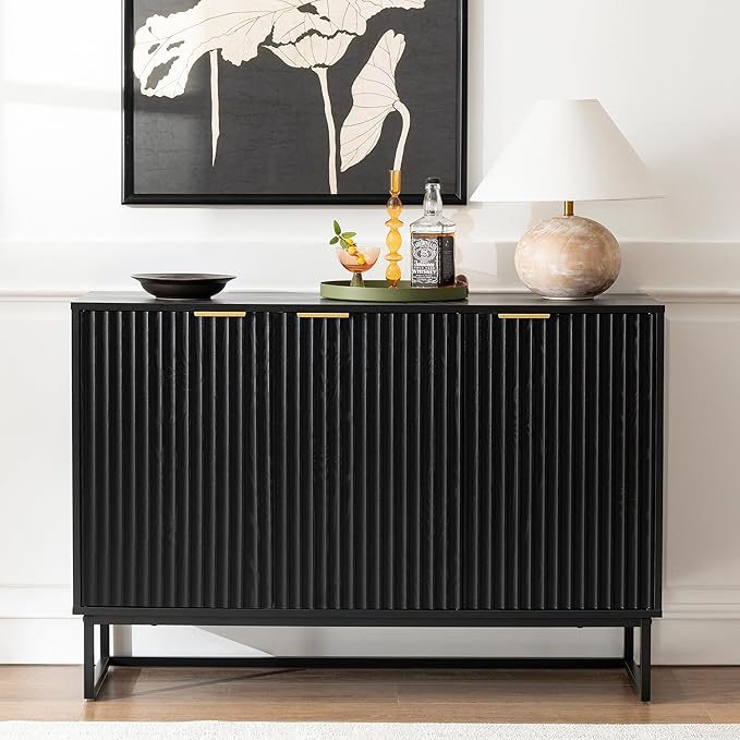 Fluted Storage Cabinet with 3 Doors, Sideboard Buffet Cabinets with Adjustable Shelves, Multifunctional Console Table with Storage Credenza for Living Room, Hallway, Black