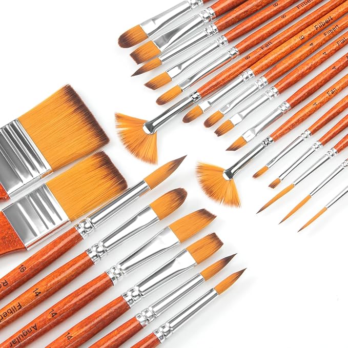 Paint Brush Set of 25pcs, FENORKEY Acrylic Paint Brushes, Professional Artist Paintbrushes, Includes Canvas Roll and Palette Knife, Suitable for Oil, Acrylic, Gouache and Watercolor Painting
