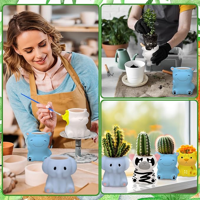 6 Sets Paint Your Own Ceramic Animal Succulent Planters Paintable Animal Ceramic Small DIY Figurines Unpainted Succulent Pots with Drainage Hole for Adults