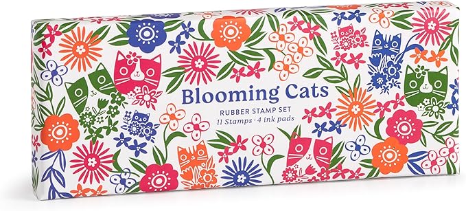 Galison Blooming Cats – Rubber Stamp Set Includes 4 Beautiful Colored Ink Pads and 11 Unique Cat Themed Wooden Stamp Blocks