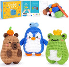 Fortuning's JDS Crochet Kit for Beginners, Crochet Animal Kit Includes Penguin, Capybara & Frog, Complete Starter Kit for Adult, DIY Craft Crochet Kits, Easy Knitting Kit Christmas Gifts
