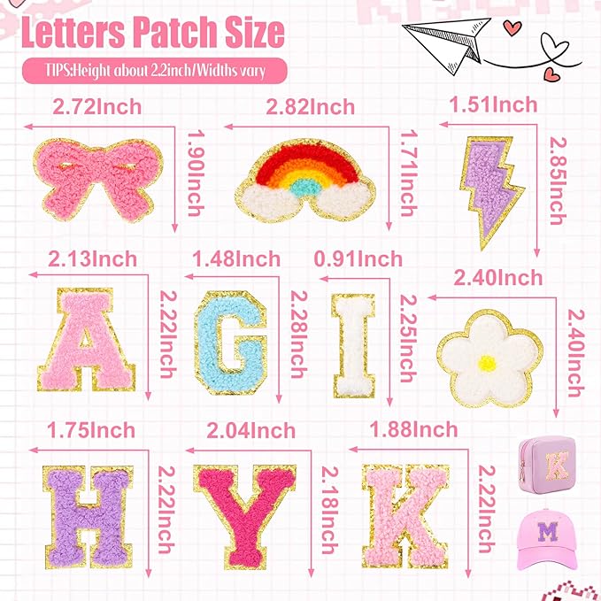 72 Pcs Preppy Chenille Patches Self Adhesive Embroidered for DIY Clothing,Include 52 A-Z Chenille Letter Patches Stickers,20 Rainbow Flower Lighting Bowknot Stick on Backpack Patches for Bags Hats