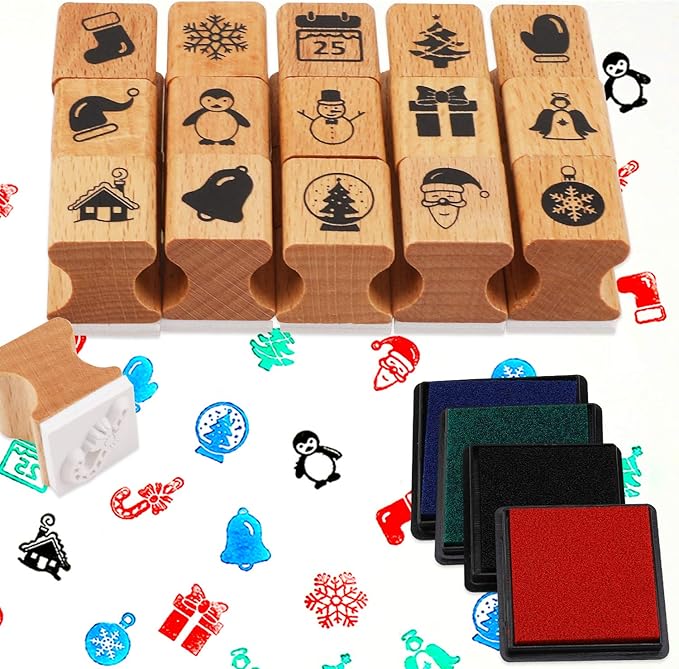 HOWAF Wooden Christmas Stamps for Kids Crafting, Card Making, Painting, Scrapbooks, Party Bag Fillers, Favor Decoration Supplies