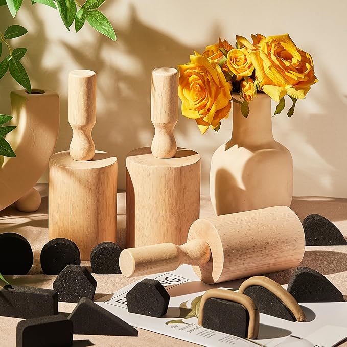 Juexica 3 Pcs Cup Pottery Molds 2.5'', 2.8'', 3.1'' with 12 Pcs Mug Handle Forms Shaping Tool Wood Slump Press 3 Sizes Clay Molds for DIY Cup Mug Art Making