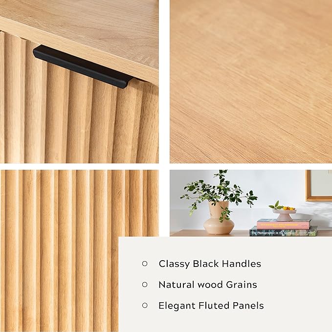 Fluted Storage Cabinet with 3 Doors, Sideboard Buffet Cabinets with Adjustable Shelves, Multifunctional Console Table with Storage Credenza for Living Room, Hallway, Natural Oak