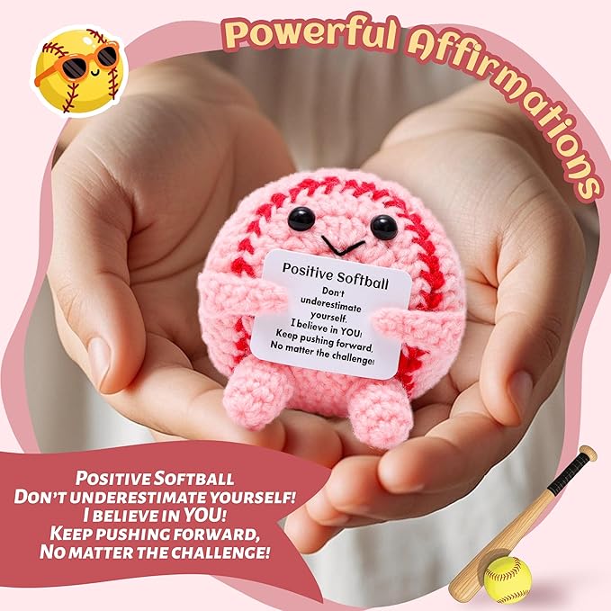 Mini Funny Positive Softball Gifts for Girls, Knitted Wool Softball Crochet Toy with Positive Card, Creative Cute Emotional Support Cheer Up Keepsake Gift for Kids Girls Women Friends Sister College