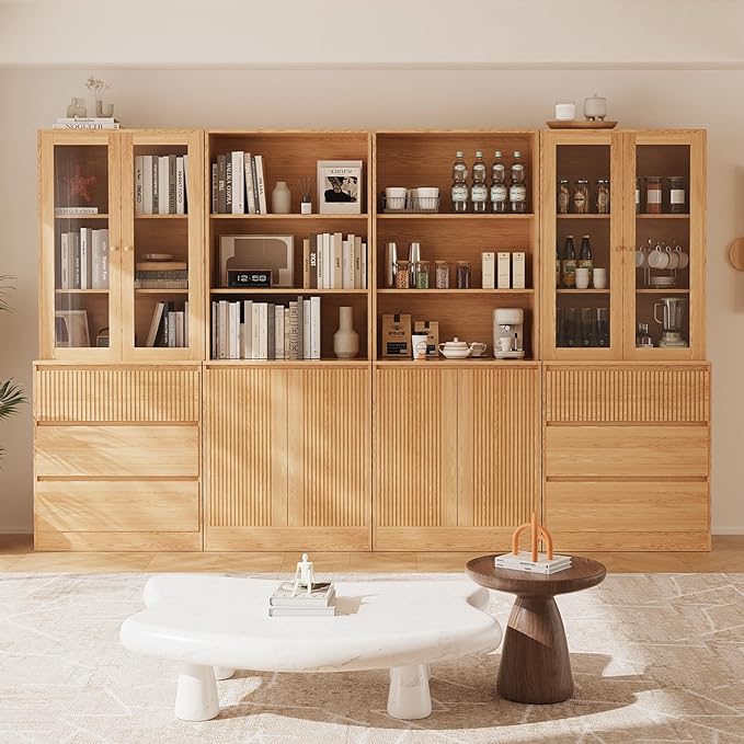 TUSY 71'' Freestanding Tall Storage Cabinet, 5 Tier Wood Bookcase with 3 Drawers and 2 Tempered Glass Doors, Large Floor Cabinet, Combination Storage Shelves for Living Room, Home Office (DCCD)