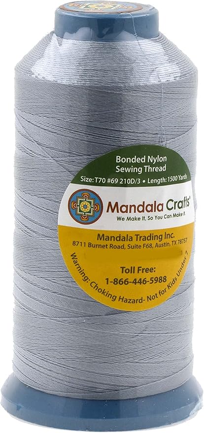 Mandala Crafts Bonded Nylon Thread Silver Heavy Duty Sewing Threads - 1500 YDs Size 69 210D T70 Tex 70 Thread for Leather Jeans Weaving Outdoor Marine Upholstery Threads