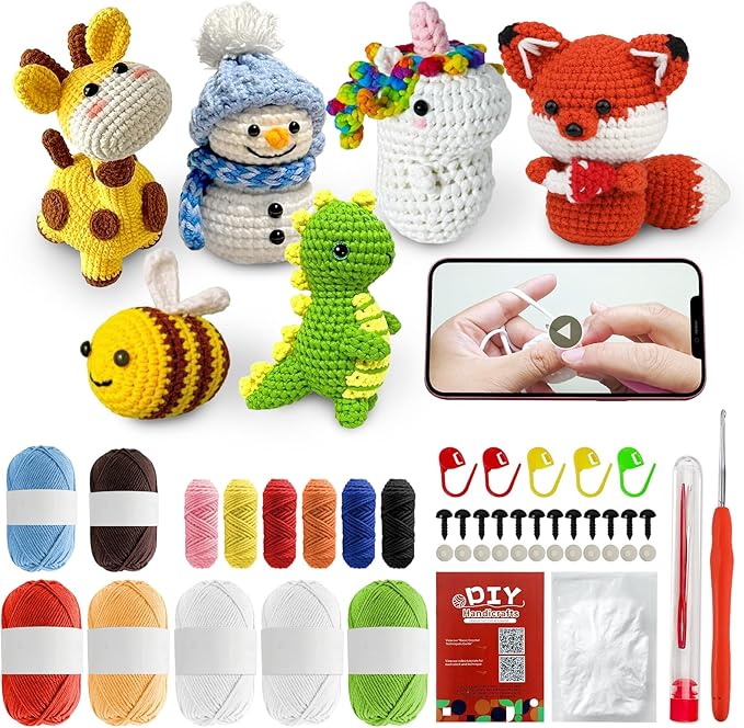 BLZEDIM 6Pcs Crochet Kit for Beginners, 2026 DIY Crochet Animal Kits with Step-by-Step Video Tutorials Beginner Knitting Kit for Adults DIY Stuffed Animals Craft Gift for Starter (Unicorn)