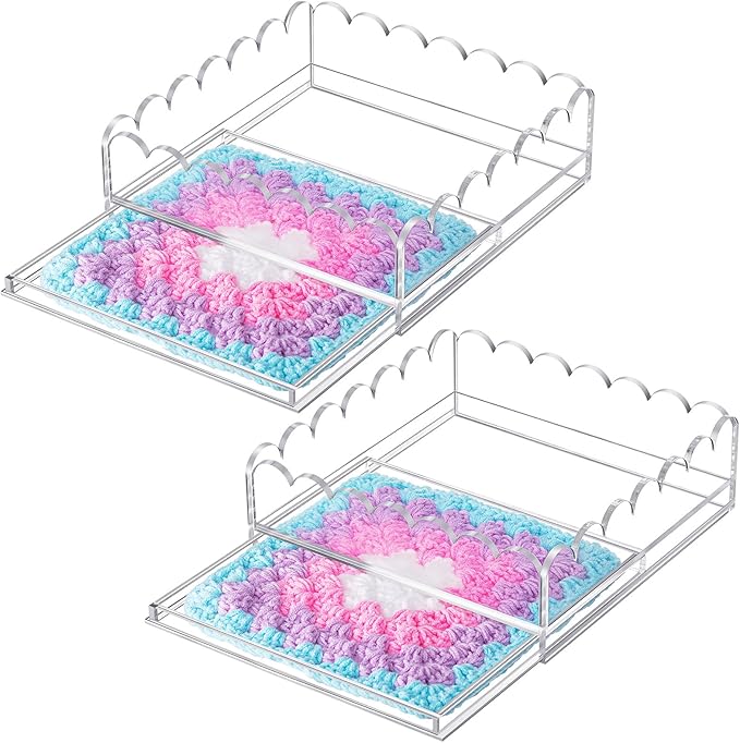 2 Pcs Acrylic Scalloped Tray Large Clear Acrylic Tray with Drawer for Insert Customizable Photos, Art, and Fabric Scalloped Basket for Needlepoint Napkin Frame Display Messages (9" X 9")