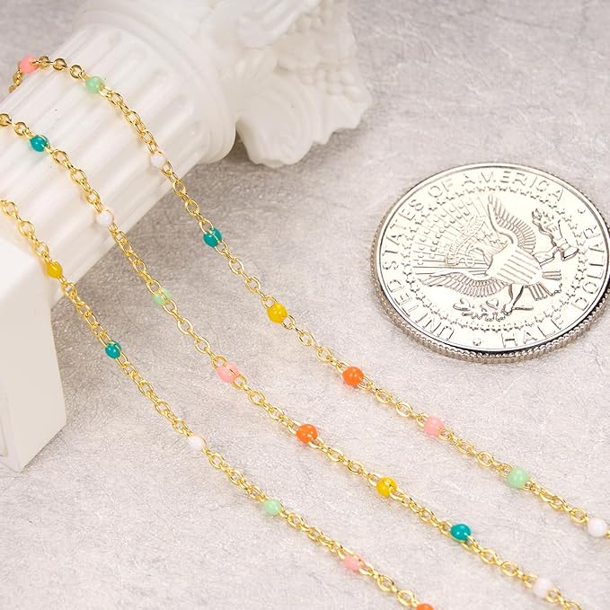 16.4 Feet Gold Plated Stainless Steel Chains Bulk Colorful Enamel Bead Chain Roll for Jewelry Making Thin Cable Link with Findings for DIY Craft