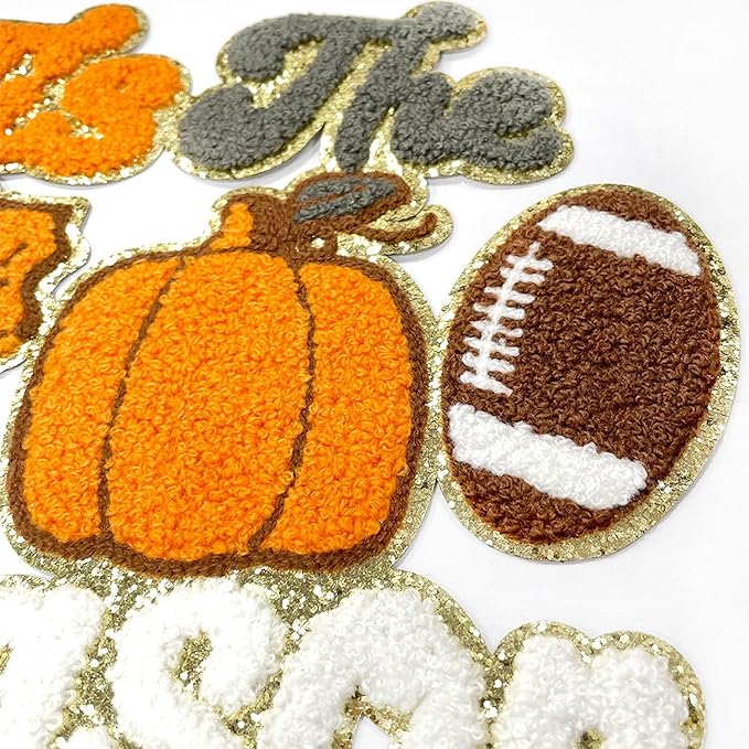 Fall Iron on Patches Pumpkin Maple Leaves Plaid Chenille Embroidery Sew on Stickers Applique for DIY Crafts T Shirt Clothing Jackets Backpacks Jeans Autumn Halloween Party Decorations Accessories