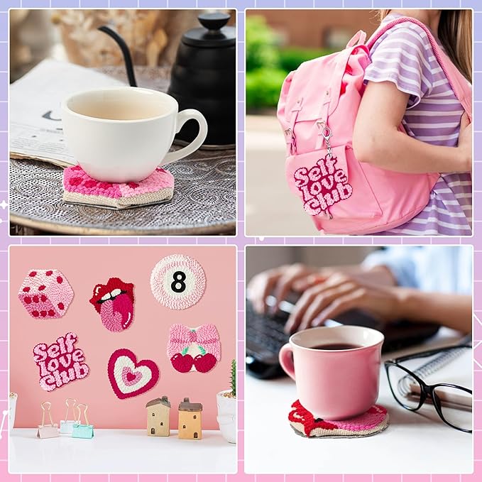 WATINC Christmas Punch Needle Coaster Kits - 23Pcs Easy Art Work Decor Craft Supply for Beginners, DIY Set of 6 Pattern Tufted Pads with Adhesive Felt Yarn Tool Coaster Holder Instruction (Light Pink)