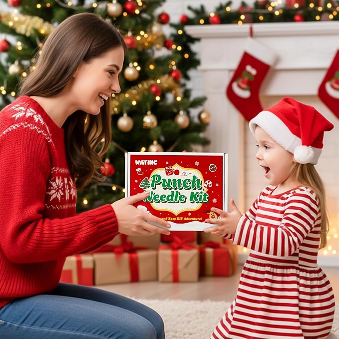 WATINC Christmas Punch Needle Coaster Kit - 23Pcs Easy Art Work Decor Craft Supply for Beginners, DIY Set of 6 Unique Pattern Tufted Pads with Adhesive Felt Yarn Tools Coaster Holder Instruction (Red)