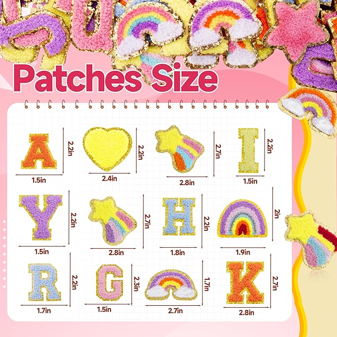 72 Pcs Preppy Cute Embroidered Chenille Letter Patches Self Adhesive,Include 52 A-Z Varsity Letters Patches,20 Star Heart Rainbow Meteor Sew on Repair Patches Boho Stickers for Jackets Backpacks Hats