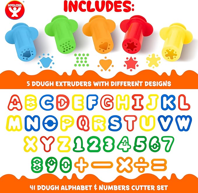 Dough Extruder Set for Kids + Dough Alphabet & Numbers Cutter Set - (46 pcs) - Educational Clay Tools for Learning, Counting, and Crafting – Strong and Durable