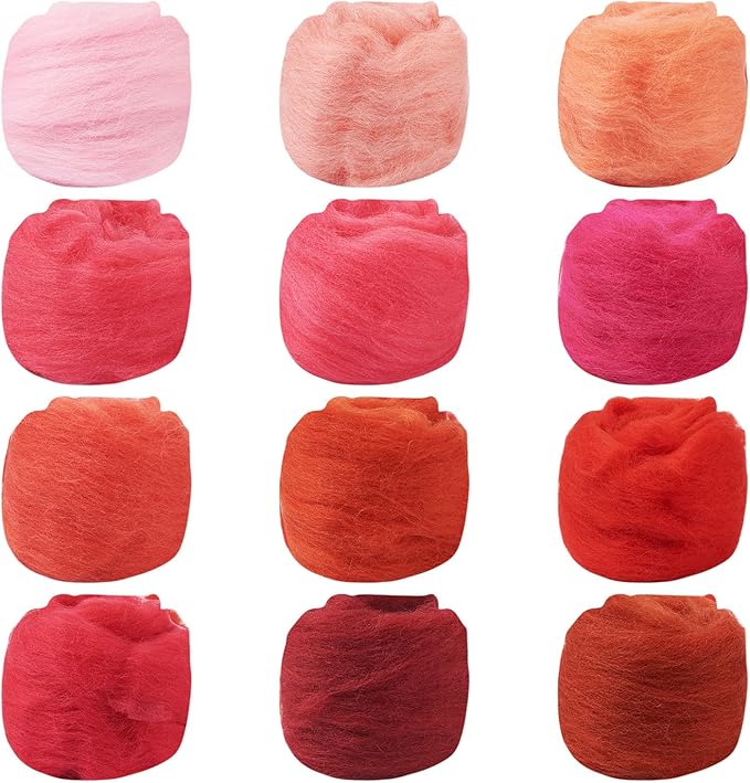 FASHEWELRY 2.1 OZ Needle Felting Wool Roving Set Pink Theme Nature Wool Roving 12 Colors Wool Felting Supplies for Needle Felting Wet Felting DIY Hand Spinning