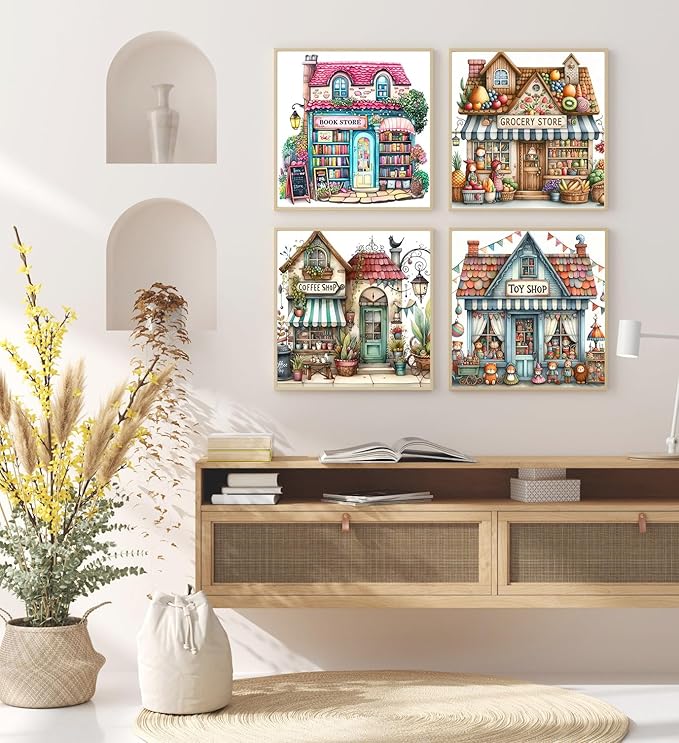 4 Packs Store Diamond Painting Kits for Adults, 5D Diamond Art Painting by Numbers Kits, DIY Shop Diamond Dots Art Kits, Full Round Drill Diamond Art Kits for Adults for Home Wall Decor, 13.8x13.8in