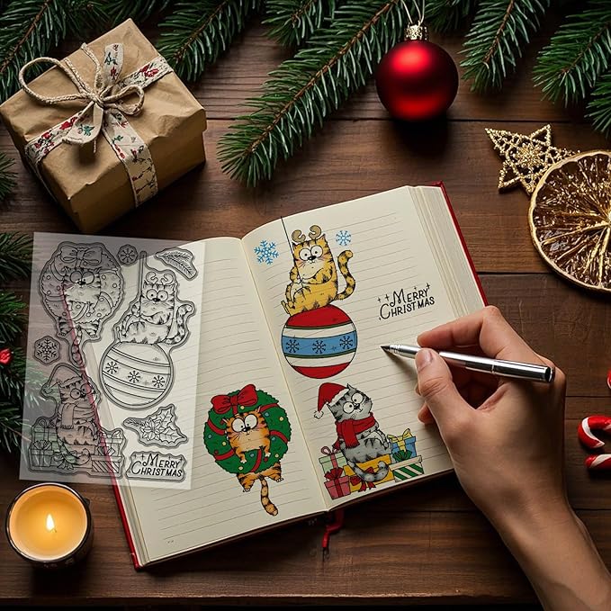 GLOBLELAND Christmas Comic Cat Clear Stamp for Card Making Cartoon Cats Silicone Stamps Merry Christmas Snowflakes Transparent Stamp for DIY Scrapbooking Embossing Journaling