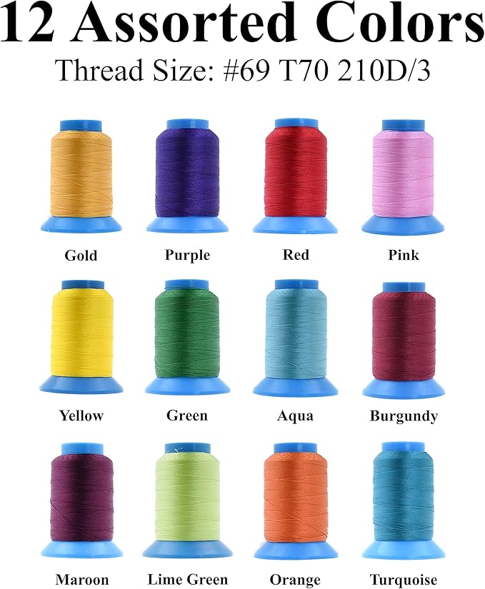 Mandala Crafts Bonded Nylon Thread 12 Assorted Vibrant Colors Heavy Duty Sewing Threads - 3600 YDs Size 69 210D T70 Tex 70 Thread for Leather Jeans Weaving Outdoor Marine Upholstery Threads
