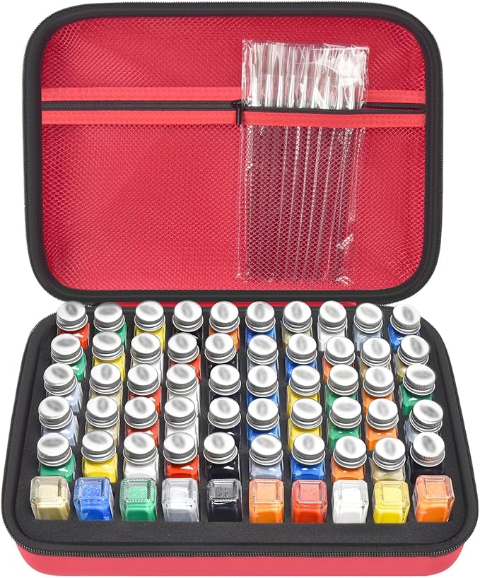 Model Paint Storage Case for Testors Paint Set, Paints Organizer Carrying Bag Holds 60 Bottles with 9 Fine Detail Miniatures Brushes, Enamel Paint Container, Drawing Ink Holder-Box Only (Red)
